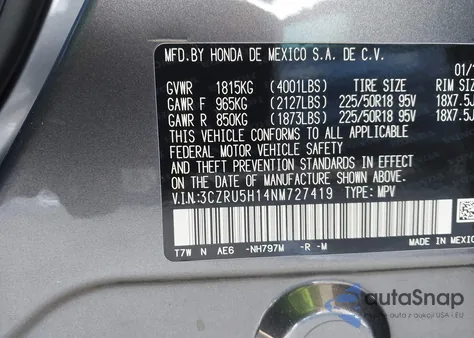 2022 Honda Hr-V 2Wd Sport z USA, uszkodzony, nr VIN 3CZRU5H14NM727419